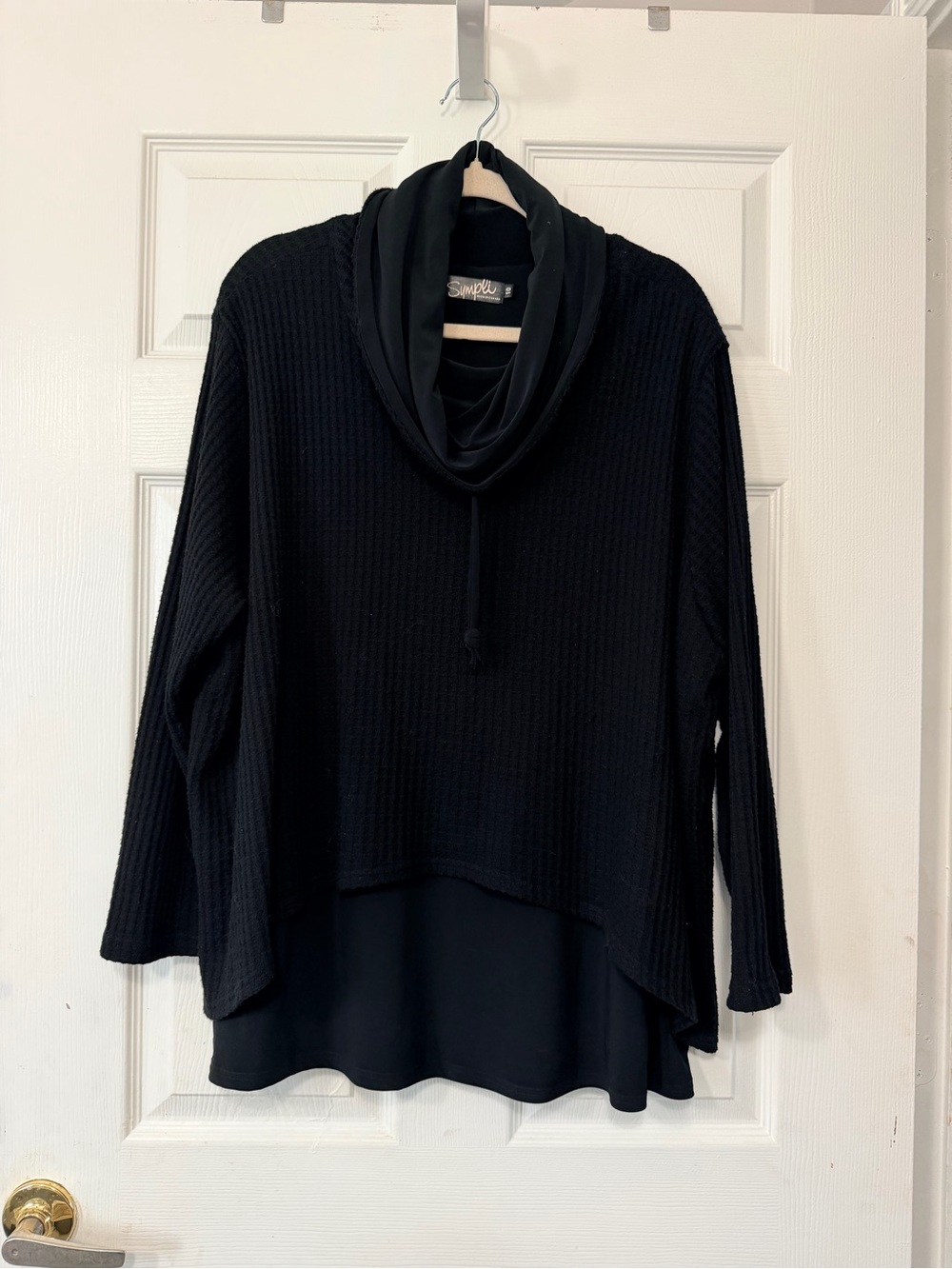 Sympli Black Layered Cowl-Neck Waffle Knit Sweater